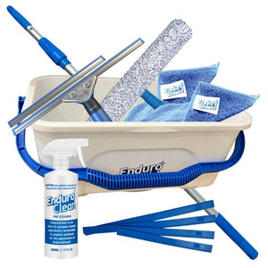 Cleaning tool set with squeegee, bucket, cloths, spray bottle and extending pole