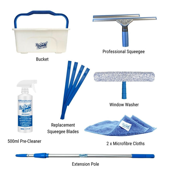 Set of window cleaning tools including a bucket, squeegee, window washer, replacement squeegee blades, microfibre cloths, extension pole and glass cleanrt