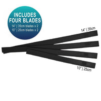 Black squeegee blades with measurements and text indicating blade sizes and quantity on a white background