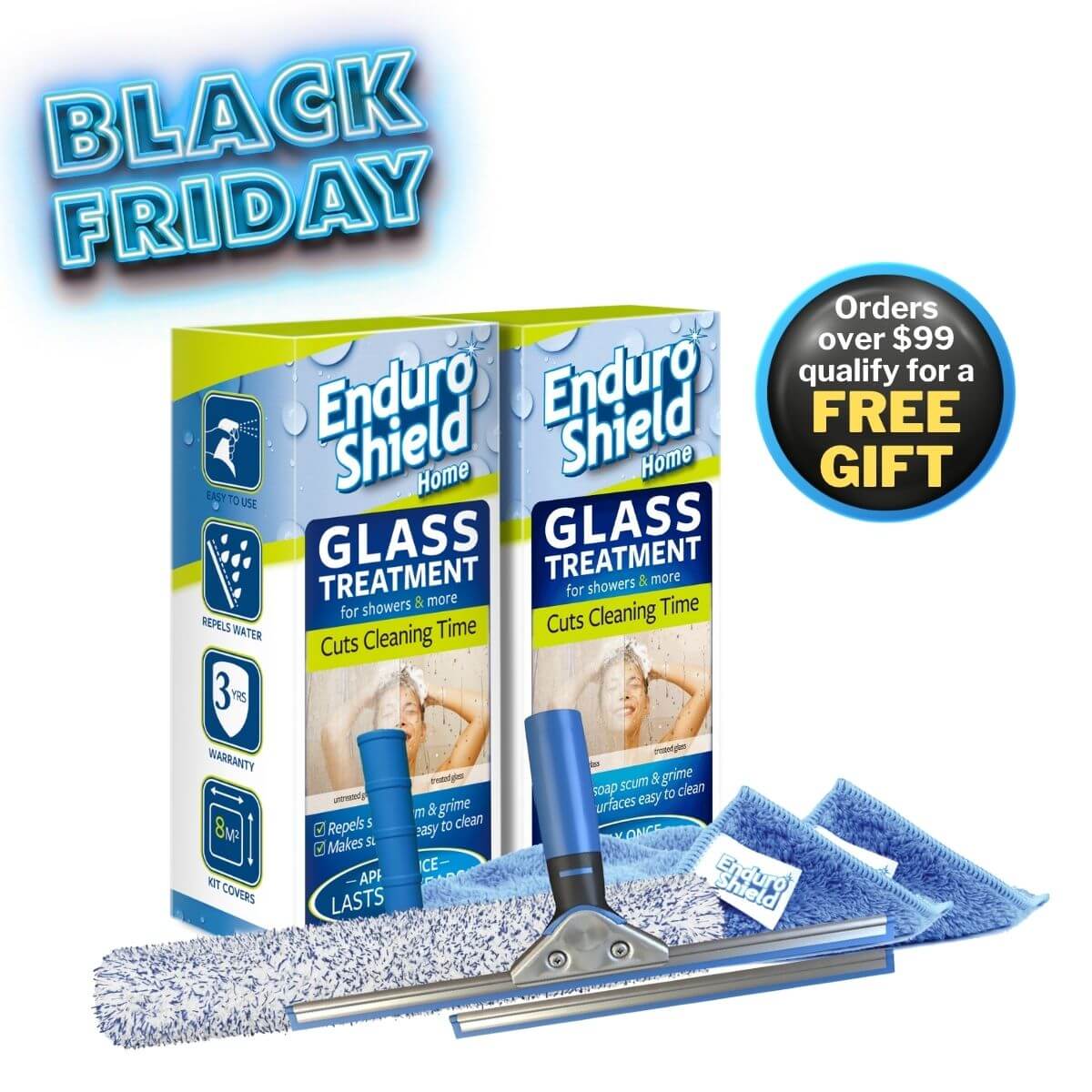 Enduro Shield home glass treatment products with cleaning squeegee and cloths on a white background.