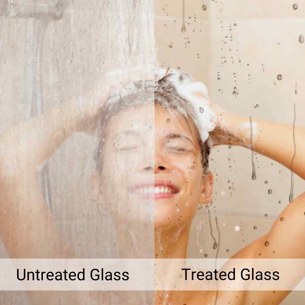 treated versus untreated shower glass wit girls face